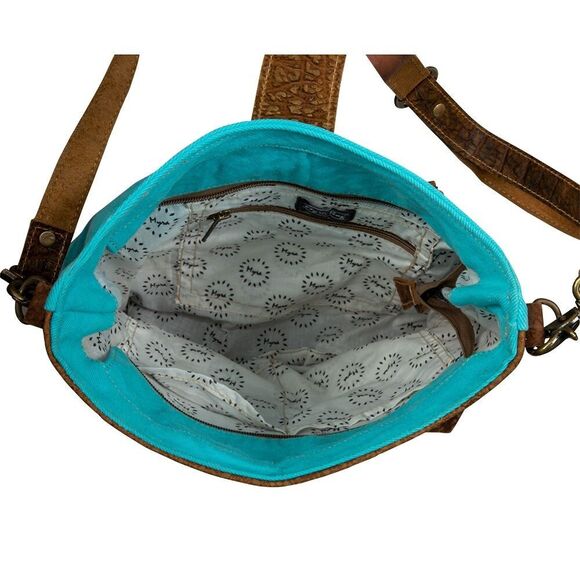 Myra Bag Handmade Tribe Shoulder Bag Upcycled Canvas & Cowhide Leather - Picture 5 of 14